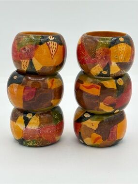 Simplex India Hand Painted Wood Napkin Rings Set of 6 Boho Rustic